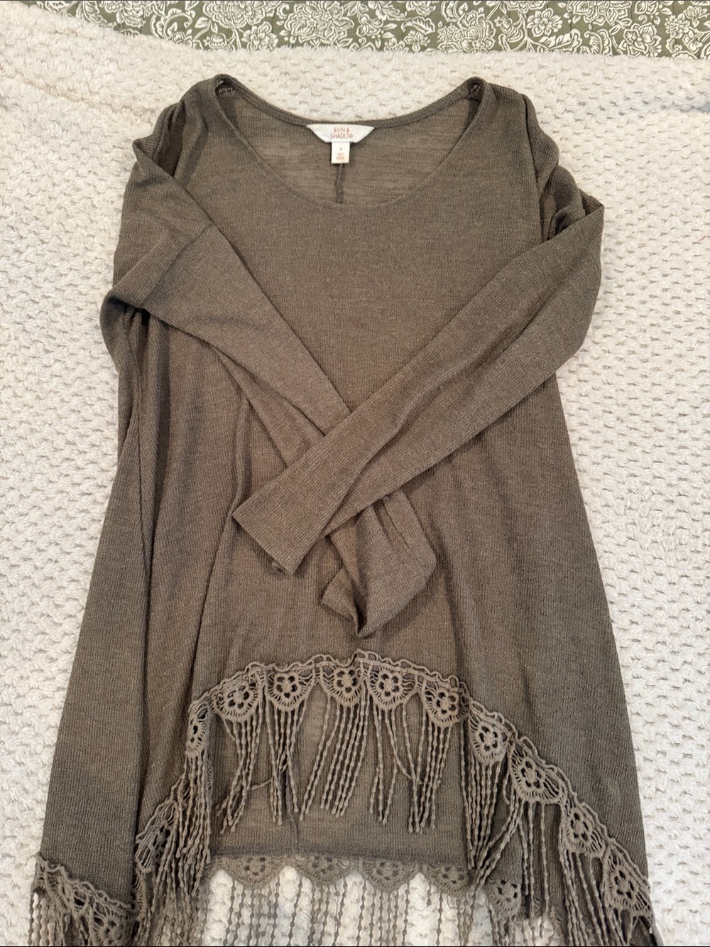 Sun & Shadow Taupe Fringe Hem Long Sleeve Knit Top